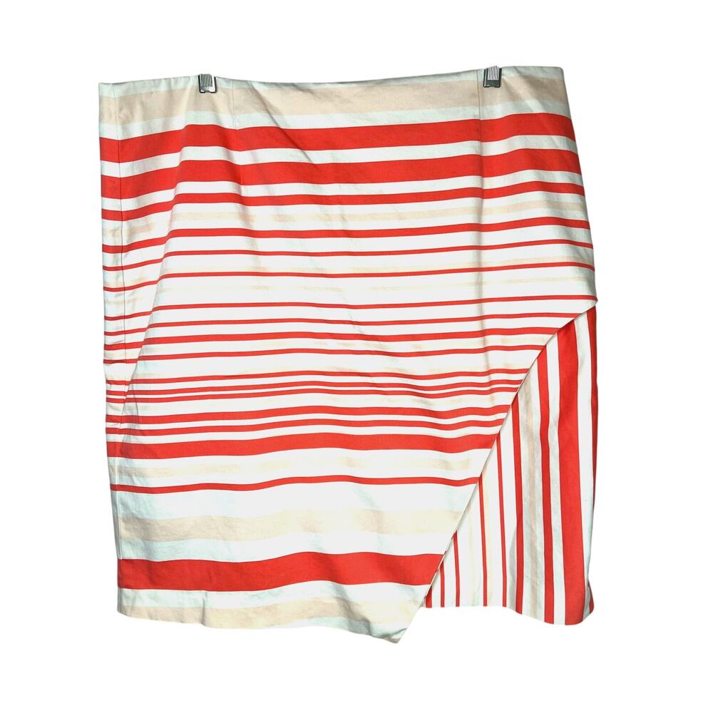 Alex Marie faux wrap skirt with side zipper, coral/white striped, size 18, EUC